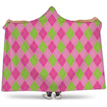 Green And Pink Argyle Pattern Print Hooded Blanket