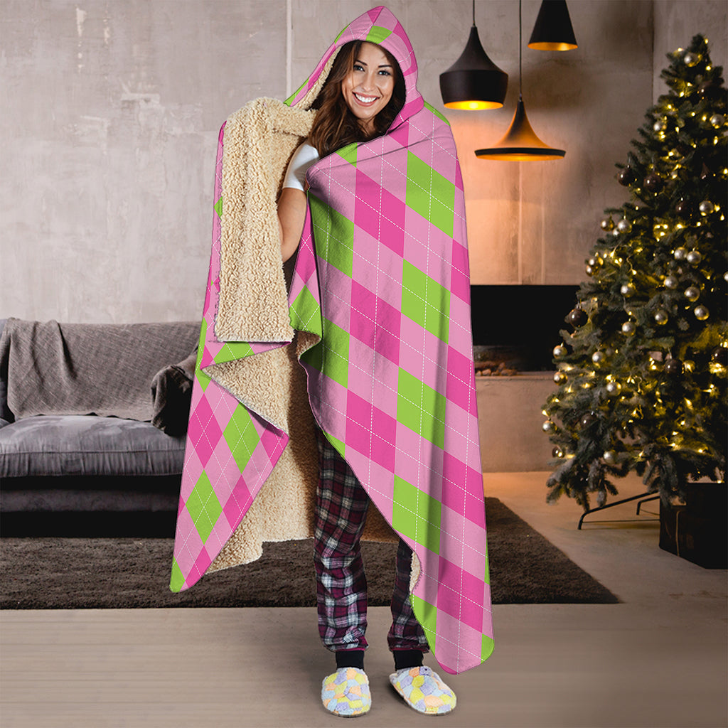 Green And Pink Argyle Pattern Print Hooded Blanket