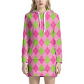 Green And Pink Argyle Pattern Print Pullover Hoodie Dress