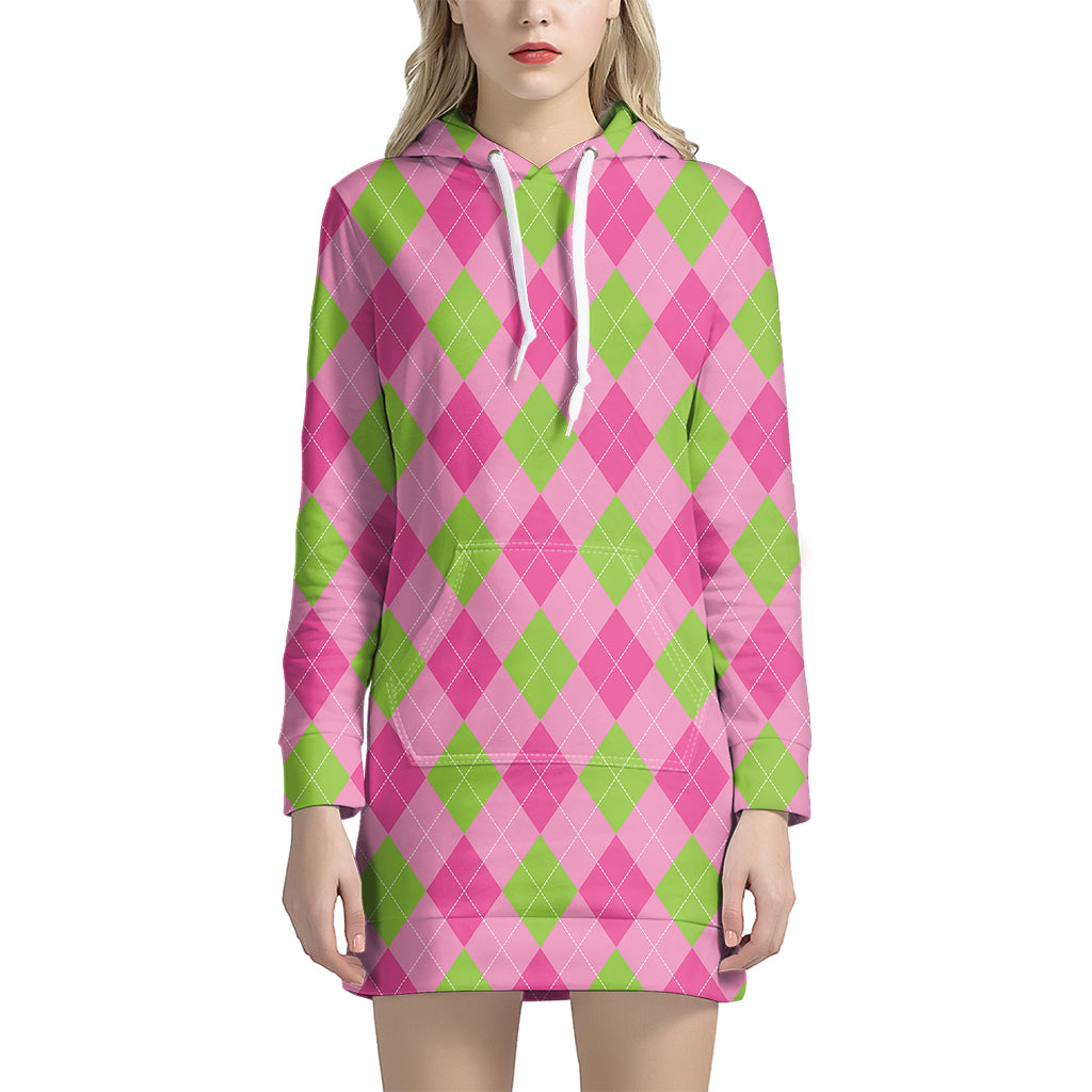 Green And Pink Argyle Pattern Print Hoodie Dress