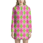 Green And Pink Argyle Pattern Print Hoodie Dress