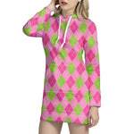 Green And Pink Argyle Pattern Print Hoodie Dress
