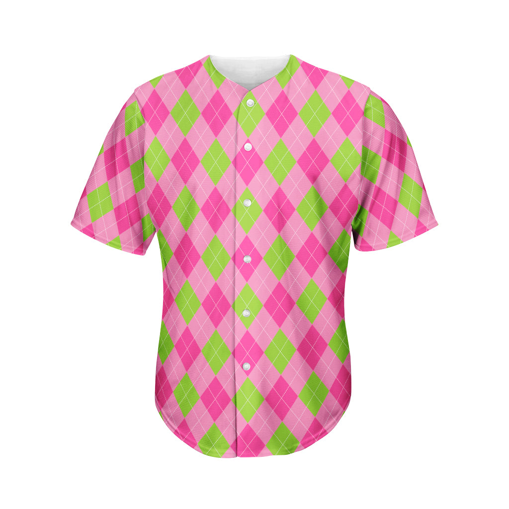 Green And Pink Argyle Pattern Print Men's Baseball Jersey