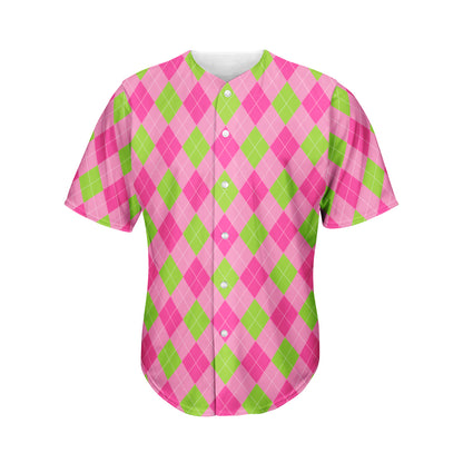 Green And Pink Argyle Pattern Print Men's Baseball Jersey