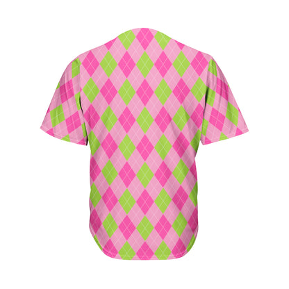 Green And Pink Argyle Pattern Print Men's Baseball Jersey
