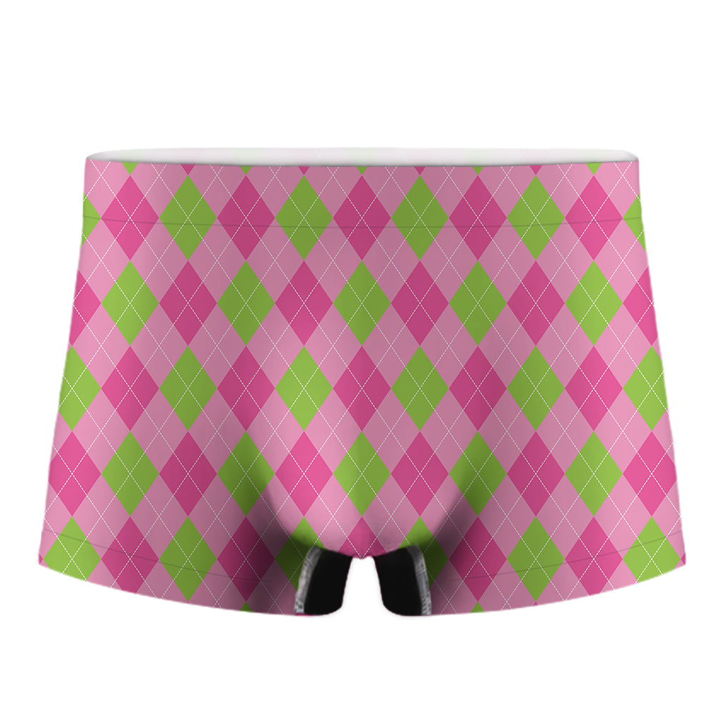 Green And Pink Argyle Pattern Print Men's Boxer Briefs