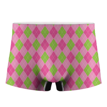 Green And Pink Argyle Pattern Print Men's Boxer Briefs