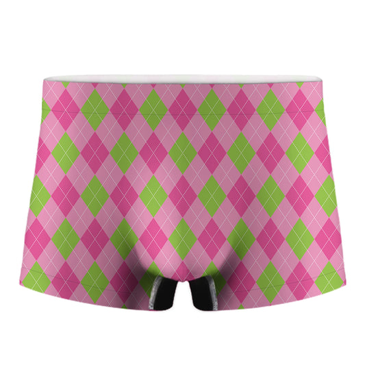 Green And Pink Argyle Pattern Print Men's Boxer Briefs