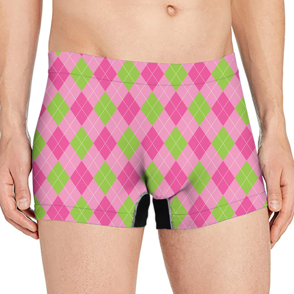 Green And Pink Argyle Pattern Print Men's Boxer Briefs