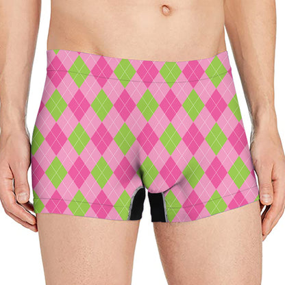Green And Pink Argyle Pattern Print Men's Boxer Briefs