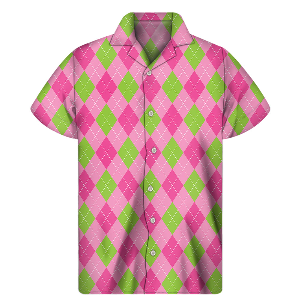 Green And Pink Argyle Pattern Print Men's Short Sleeve Shirt
