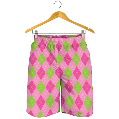 Green And Pink Argyle Pattern Print Men's Shorts