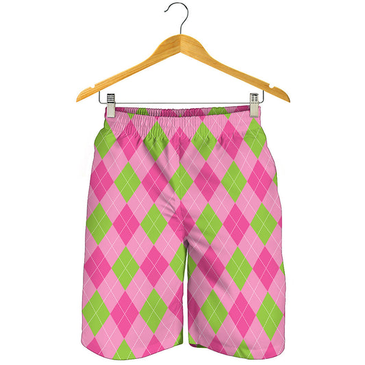 Green And Pink Argyle Pattern Print Men's Shorts