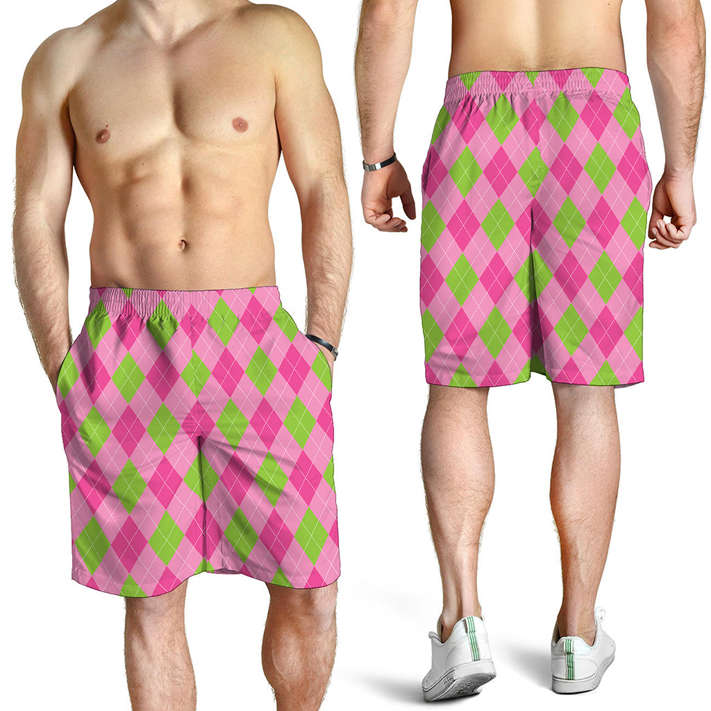 Green And Pink Argyle Pattern Print Men's Shorts