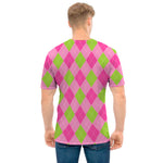 Green And Pink Argyle Pattern Print Men's T-Shirt