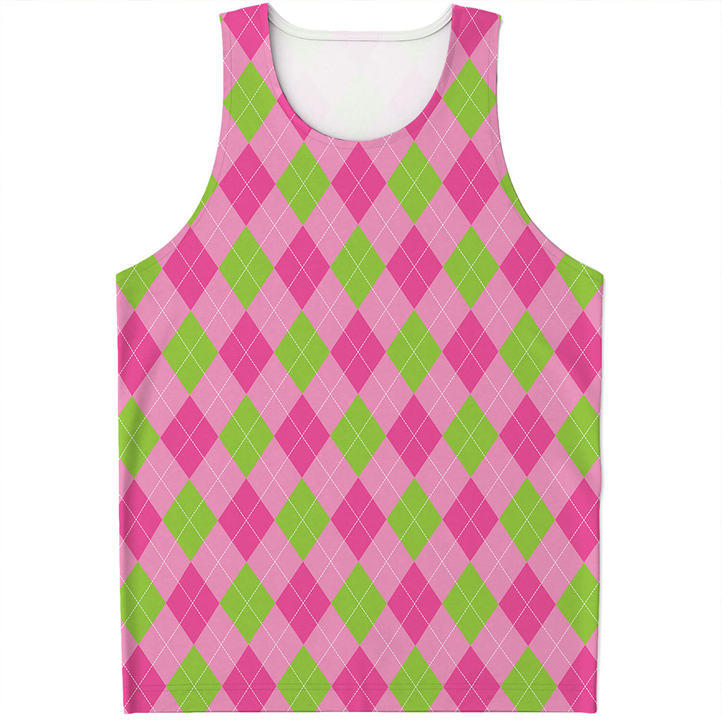 Green And Pink Argyle Pattern Print Men's Tank Top