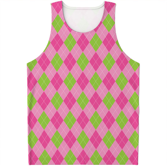 Green And Pink Argyle Pattern Print Men's Tank Top
