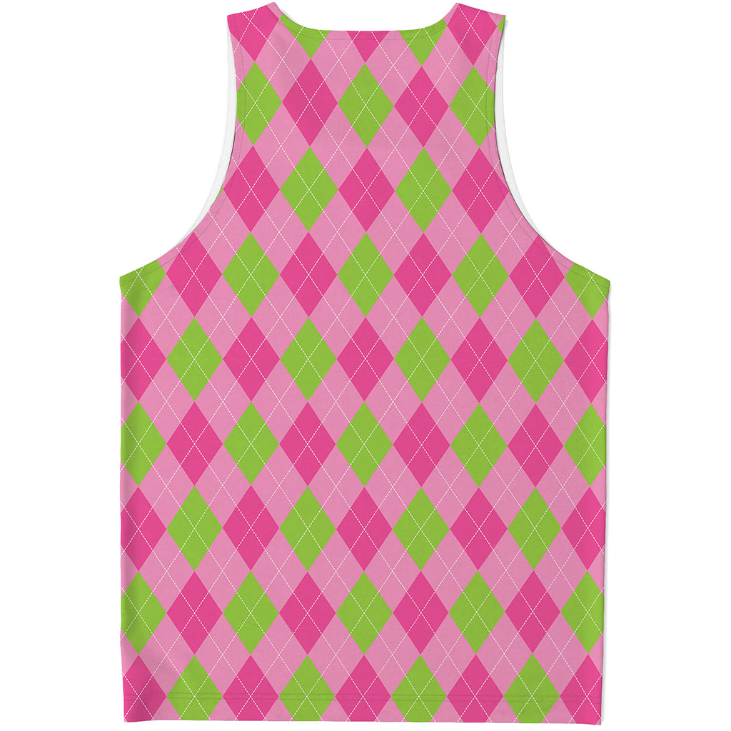 Green And Pink Argyle Pattern Print Men's Tank Top