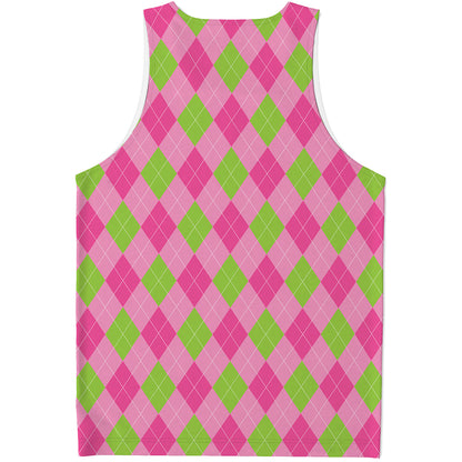 Green And Pink Argyle Pattern Print Men's Tank Top