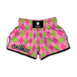 Green And Pink Argyle Pattern Print Muay Thai Boxing Shorts