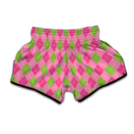 Green And Pink Argyle Pattern Print Muay Thai Boxing Shorts