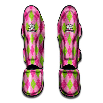 Green And Pink Argyle Pattern Print Muay Thai Shin Guard