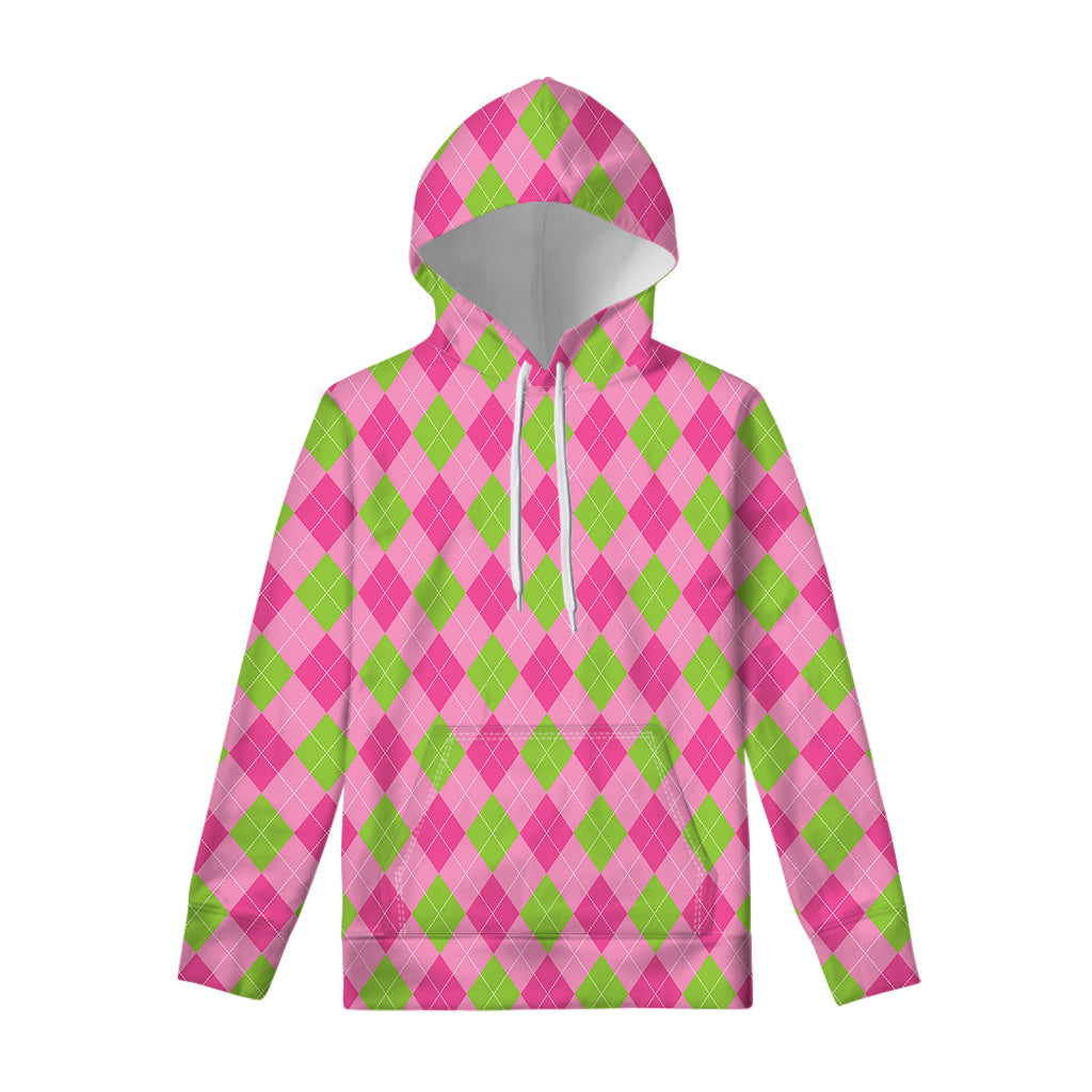 Green And Pink Argyle Pattern Print Pullover Hoodie