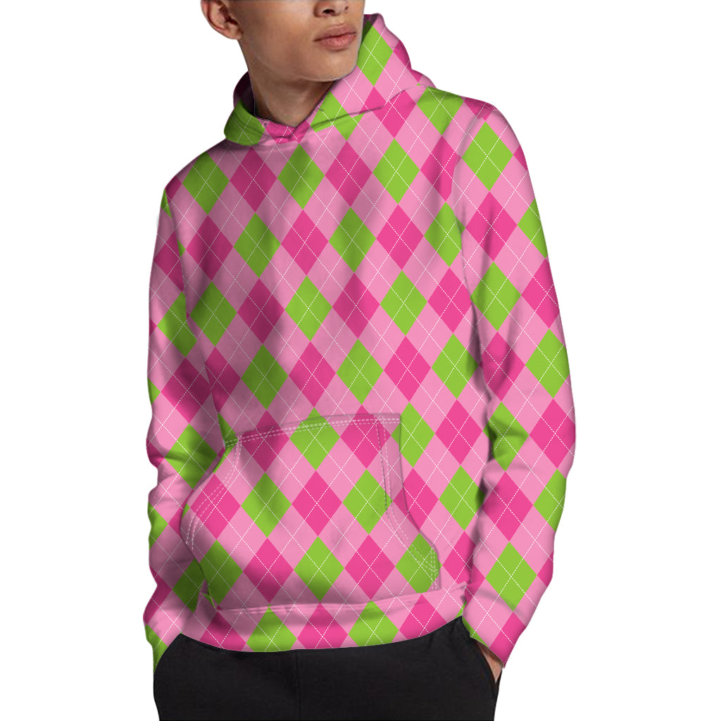Green And Pink Argyle Pattern Print Pullover Hoodie