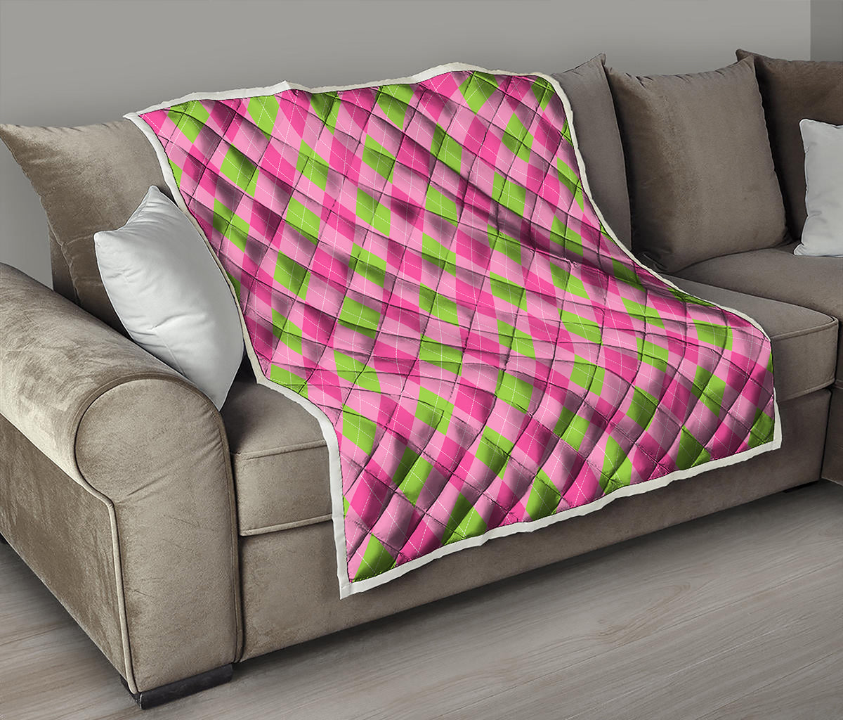Green And Pink Argyle Pattern Print Quilt