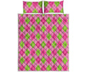 Green And Pink Argyle Pattern Print Quilt Bed Set