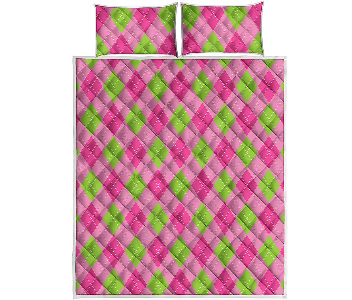 Green And Pink Argyle Pattern Print Quilt Bed Set