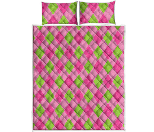 Green And Pink Argyle Pattern Print Quilt Bed Set