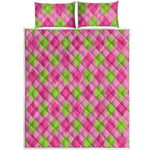 Green And Pink Argyle Pattern Print Quilt Bed Set