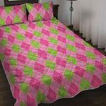 Green And Pink Argyle Pattern Print Quilt Bed Set