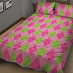 Green And Pink Argyle Pattern Print Quilt Bed Set