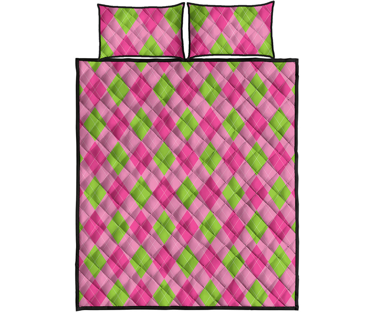 Green And Pink Argyle Pattern Print Quilt Bed Set