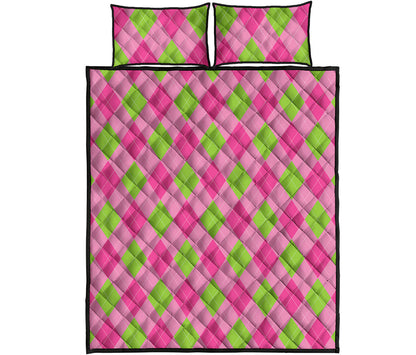 Green And Pink Argyle Pattern Print Quilt Bed Set