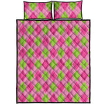 Green And Pink Argyle Pattern Print Quilt Bed Set