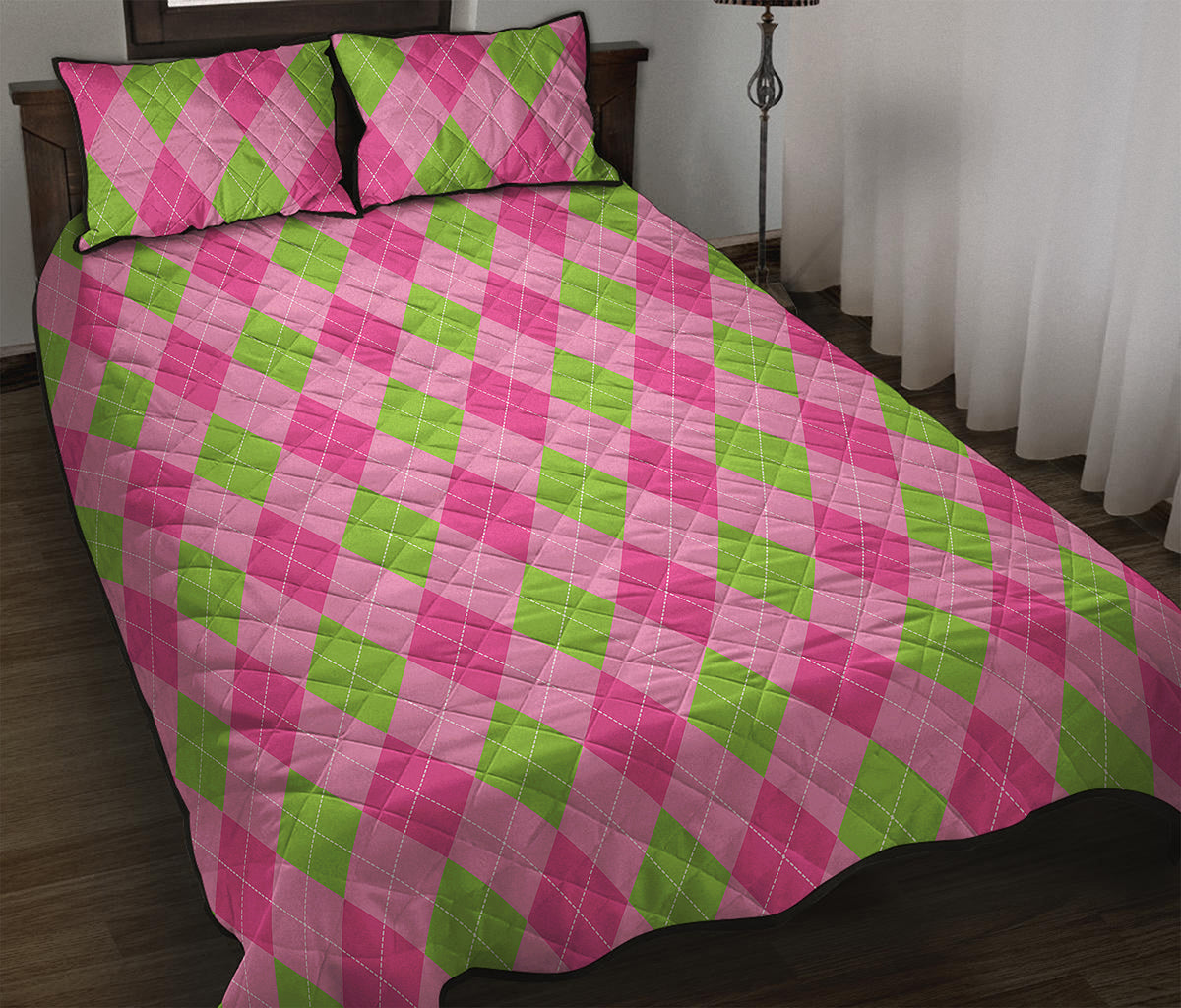 Green And Pink Argyle Pattern Print Quilt Bed Set