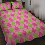 Green And Pink Argyle Pattern Print Quilt Bed Set