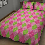 Green And Pink Argyle Pattern Print Quilt Bed Set