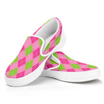 Green And Pink Argyle Pattern Print White Slip On Shoes