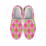 Green And Pink Argyle Pattern Print White Slip On Shoes