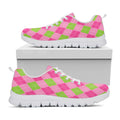 Green And Pink Argyle Pattern Print White Running Shoes