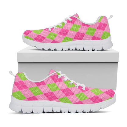 Green And Pink Argyle Pattern Print White Sneakers