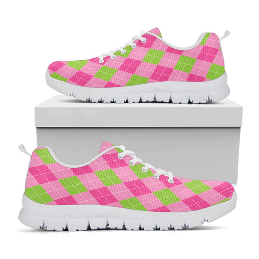 Green And Pink Argyle Pattern Print White Sneakers