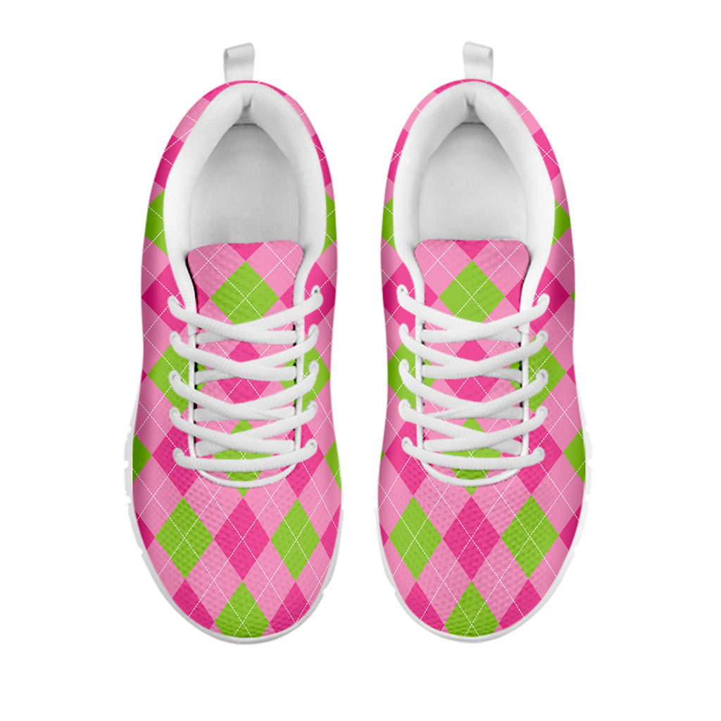 Green And Pink Argyle Pattern Print White Sneakers