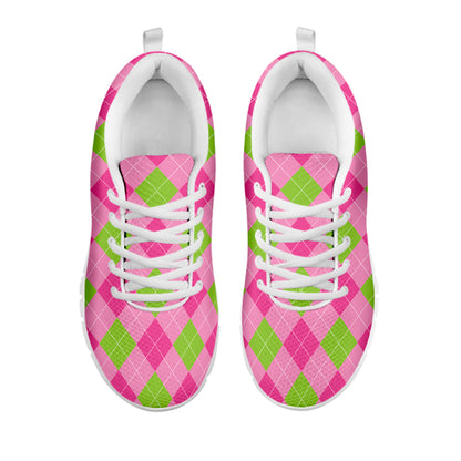 Green And Pink Argyle Pattern Print White Sneakers
