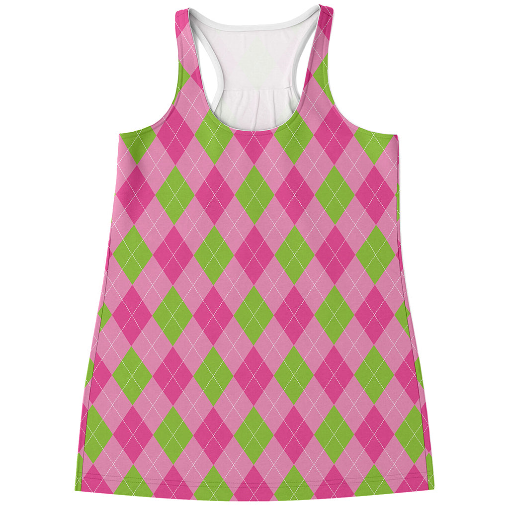 Green And Pink Argyle Pattern Print Women's Racerback Tank Top