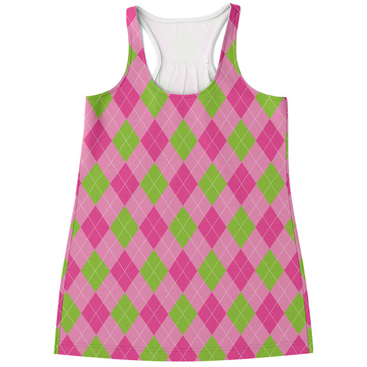 Green And Pink Argyle Pattern Print Women's Racerback Tank Top